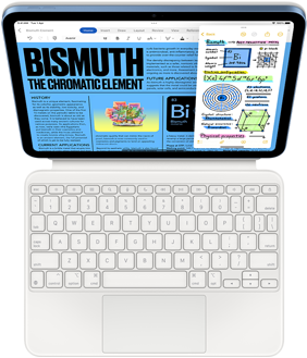 جهاز iPad متصل بلوحة مفاتيح Magic Keyboard Folio، تعرض الشاشة ميزة Slide Over مع تطبيق Pages and Notes
