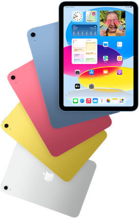 يُظهر المنظر الأمامي لجهاز iPad الشاشة الرئيسية، وفي الخلف توجد أربعة طُرز iPad مواجهة للخلف باللون الأزرق والوردي والأصفر والفضي