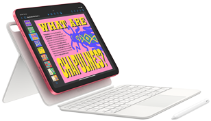 عرض جهاز iPad ولوحة المفاتيح Magic Keyboard Folio وقلم Apple Pencil.