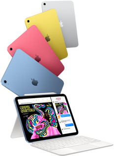 جهاز iPad باللون الأزرق والوردي والأصفر والفضي وجهاز iPad متصل بلوحة المفاتيح Magic Keyboard Folio مع قلم Apple Pencil