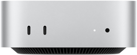 منظر أمامي لجهاز Mac mini باللون الفضي يظهر المنافذ الأمامية