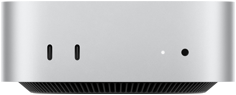 منظر أمامي لجهاز Mac mini الفضي يظهر المنافذ الأمامية: منفذا USB-C ومقبس سماعة رأس مقاس 3.5 ملم