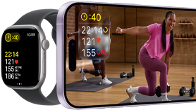 Apple Watch Series 11، علبة ألمنيوم فضية، مقاييس التمرين، حزام رياضي رمادي حجري، فيديو تمرين يتم تشغيله على iPhone المتصل