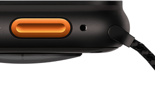 Apple Watch Ultra 3, black colour, titanium case, convex sensor on back, left side exterior, speaker/air vent, Action button, microphone