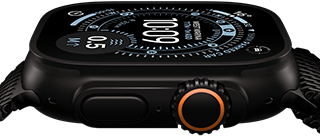 Apple Watch Ultra 3, side exterior, black titanium case, compass on Orienteering watch face, Action button and digital crown