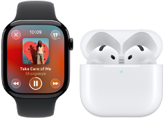 Apple Watch Series 11, titanium slate case, strap: black sport band, Apple Music app open, paired with AirPods 4