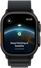 Apple Watch Ultra 3, black colour, titanium case, "Keep Pointing at Satellite" over Earth with a location on screen, strap, Alpine Loop