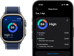 Apple Watch Ultra 3, titanium natural case, sleep score screen, breakdown in circle graph, score in centre, strap, blue Trail Loop