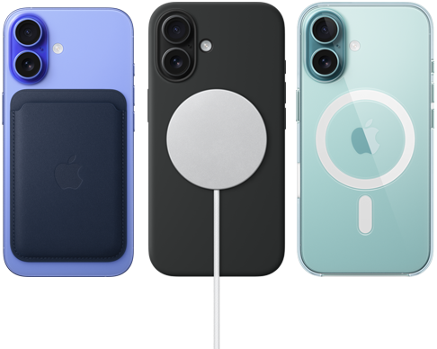 ثلاثة أجهزة iPhone 16، الجزء الخارجي الخلفي، مع ملحقات MagSafe المرفقة: محفظة iPhone FineWoven MagSafe، وشاحن MagSafe مع جراب سيليكون، وغطاء iPhone الشفاف MagSafe