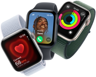 مراقبة معدل ضربات القلب والمكالمات الواردة ورنين النشاط على ثلاثة أجهزة Apple Watch
