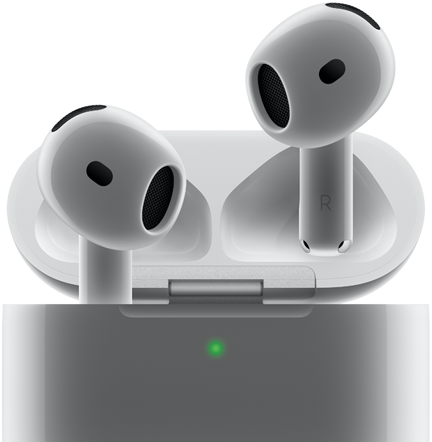 سماعات AirPods 4 تظهر وهي تطفو خارج العلبة، وتحتوي العلبة على ضوء أخضر عليها