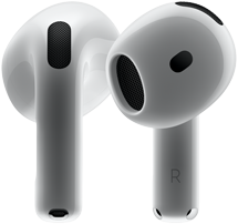 أجهزة AirPods 4، تُظهر منظرًا أماميًا وخلفيًا يُظهر التصميم الجديد