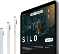 Side view of three iPad Air models, a fourth iPad Air model is showing Apple TV+ show Silo