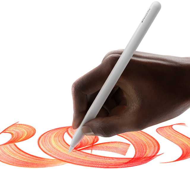 يتم استخدام Apple Pencil Pro لإنشاء نص ملون ودائريّ يحمله المستخدم بيده