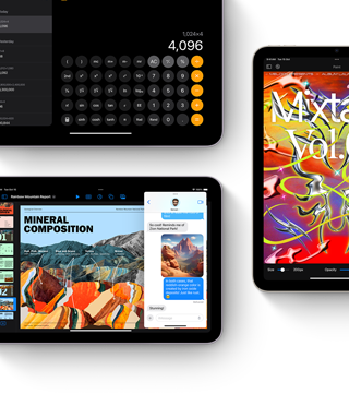 ثلاث شاشات iPad mini تعرض ميزات iPadOS والتطبيقات