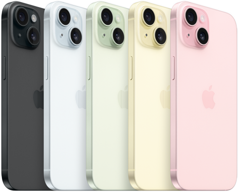iPhone 15، منظر خلفي يظهر نظام كاميرا متقدم وزجاج ملون بجميع اللمسات النهائية: الأسود والأزرق والأخضر والأصفر والوردي.
