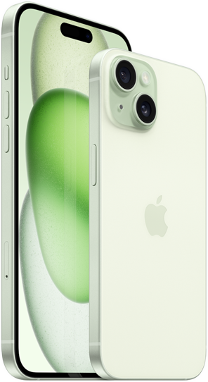 يظهر هاتف iPhone 15 Plus مقاس 6.7 بوصة وهاتف iPhone 15 مقاس 6.1 بوصة معًا للمقارنة في الحجم.