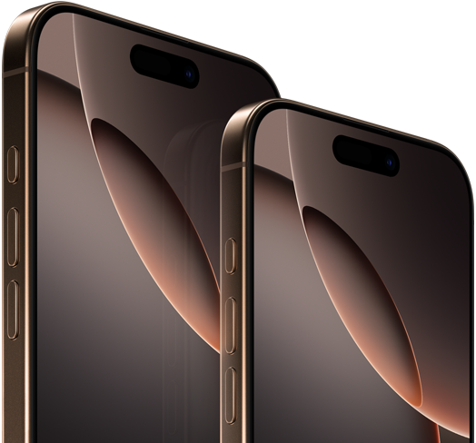 iPhone 16 Pro Max مقاس 6.9 بوصة وiPhone 16 Pro مقاس 6.3 بوصة، الجزء الخارجي الأمامي، زر الحركة، أزرار التحكم في مستوى الصوت، جزيرة ديناميكية في المنتصف بالقرب من الأعلى