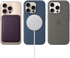 ثلاثة أجهزة iPhone 16 Pro، الجزء الخارجي الخلفي، مع ملحقات MagSafe المرفقة: محفظة iPhone FineWoven MagSafe، وشاحن MagSafe، وحافظة iPhone المصنوعة من السيليكون مع MagSafe