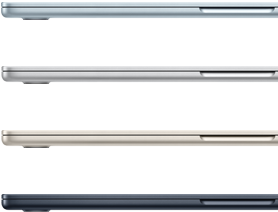 أربعة أجهزة MacBook Air تعرض الألوان المتاحة: الأزرق السماوي، الفضي، ضوء النجوم، والمنتصف