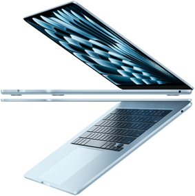 جهازان MacBook Air مفتوحان بلون الأزرق السماوي يشكلان شكل سهم، مما يبرز الملف الضيق
