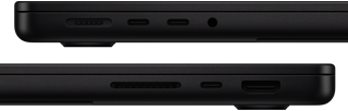 إظهار المنافذ على MacBook Pro — الجانب الأيسر: MagSafe، ومنفذا Thunderbolt، ومقبس سماعة الرأس — الجانب الأيمن: SDXC، ومنفذ Thunderbolt واحد، وHDMI