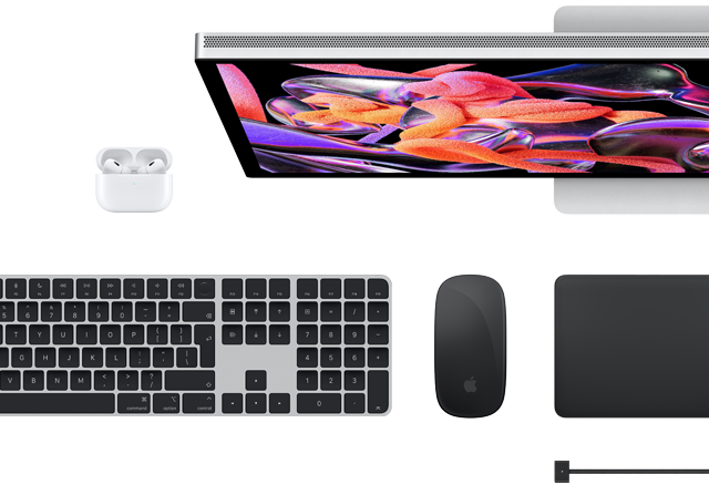 ملحقات ماك: سماعات Airpods، شاشة Studio، لوحة مفاتيح Magic، ماوس Magic، لوحة تتبع Magic، كابل شحن MagSafe باللون الأسود الفضائي