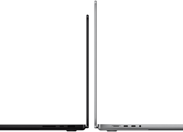 MacBook Pro مقاس 14 بوصة و16 بوصة متقابلين، مع إظهار اختلاف الحجم والتأكيد على الشكل الضيق