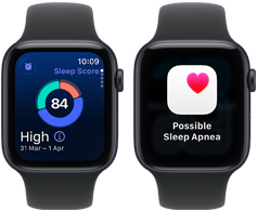 Two Apple Watch SE 3 devices with Midnight aluminum cases showing sleep score and a possible sleep apnea alert on screens