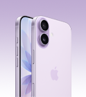 iPhone 17، لون لافندر، واجهة خارجية، خلفية خارجية بزاوية، نظام كاميرا Dual Fusion في أعلى اليسار، زر التحكم في الكاميرا، تصميم الشاشة بالكامل من الجانب الأمامي، أزرار الحركة، ومستوى الصوت، والأزرار الجانبية