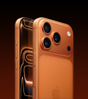 iPhone 17 Pro، لون برتقالي كوني، خلفية خارجية بزاوية، نظام كاميرا Pro Fusion في الهضبة في الأعلى، زر التحكم في الكاميرا، تصميم الشاشة بالكامل على الجانب الأمامي، أزرار الحركة ومستوى الصوت