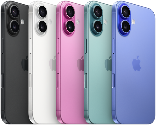 iPhone 16، الجزء الخلفي الخارجي، نظام كاميرا مزدوجة متقدم مرتفع، شعار Apple في المنتصف، جميع اللمسات النهائية الخمسة، أسود، أبيض، أزرق مخضر، وردي، أزرق مخضر