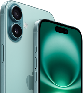 iPhone 16 Plus وiPhone 16، زر الحركة، وأزرار الصوت، والزر الجانبي، والتحكم في الكاميرا، وتصميم الشاشة بالكامل في الجزء الأمامي الخارجي، وجزيرة ديناميكية في المنتصف بالقرب من الجزء العلوي، والجزء الخارجي الخلفي، واللون الأزرق المخضر، ونظام كاميرا مزدوجة متقدم مرتفع في الزاوية اليسرى العلوية، وشعار Apple في المنتصف