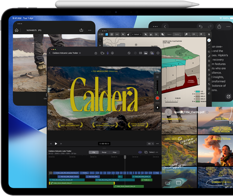 iPad Pro, front exterior, landscape orientation, space black colour, Apple Pencil resting atop device, display showing multiple app windows tiled, including Final Cut Pro with multiple video editing features and timeline, Maps, Notes and various media clips
