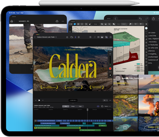 iPad Pro, front exterior, landscape orientation, space black colour, Apple Pencil resting atop device, display showing multiple app windows tiled, including Final Cut Pro with multiple video editing features and timeline, Maps, Notes and various media clips