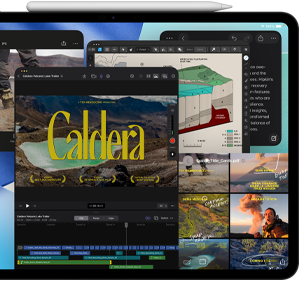 iPad Pro, front exterior, landscape orientation, space black colour, Apple Pencil resting atop device, display showing multiple app windows tiled, including Final Cut Pro with multiple video editing features and timeline, Maps, Notes and various media clips