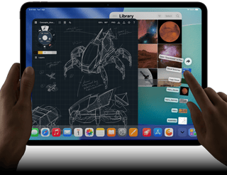 iPad Pro, space black colour, left hand holding device, right hand pointing gesturing to manipulate multiple open app windows, a drawing app with sketches of mechanical designs, photos library of planets and space images, downloads folder files fanned out