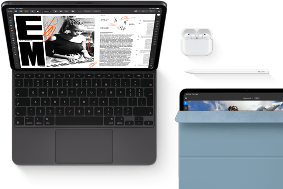 iPad Pro attached to Magic Keyboard, front exterior, space black colour, rounded corners, black display bezel, open, display showing article editing app with text and photograph of a woman playing music, Airpods 4 in open case, blue Smart Folio cover on iPad Pro with Apple Pencil Pro resting atop device, cover slightly open revealing display