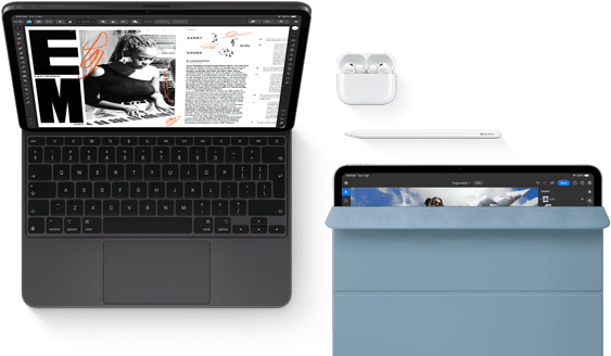 iPad Pro attached to Magic Keyboard, front exterior, space black colour, rounded corners, black display bezel, open, display showing article editing app with text and photograph of a woman playing music, Airpods 4 in open case, blue Smart Folio cover on iPad Pro with Apple Pencil Pro resting atop device, cover slightly open revealing display