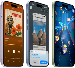 أجهزة iPhone&nbsp;17، الجزء الأمامي الخارجي، الجزء الجانبي الخارجي، تعرض Apple&nbsp;Music، الذكاء المرئي، الألعاب، الأزرار: زر الإجراءات، زرّا مستوى الصوت
