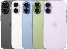 iPhone&nbsp;17، الجزء الخلفي الخارجي، نظام كاميرا&nbsp;Fusion&nbsp;مزدوجة، كل الألوان الخمسة متداخلة: أسود، وأبيض، وأخضر رمادي، وأزرق ضبابي، وليلكي ناعم
