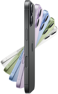 iPhone&nbsp;17، الجزء الجانبي الخارجي، الألوان الخمسة: أسود، وليلكي ناعم، وأزرق ضبابي، وأخضر رمادي، وأبيض