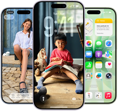 iPhone&nbsp;17، الجزء الأمامي الخارجي، Dynamic&nbsp;Island في الوسط قرب الجهة العلوية، ثلاثة ألوان: أزرق ضبابي، وليلكي ناعم، وأخضر رمادي