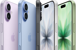 iPhone 17، الجزء الأمامي الخارجي، الجزء الخلفي الخارجي، الجزء الجانبي الخارجي، الألوان الخمسة: ليلكي ناعم، وأزرق ضبابي، وأسود، وأبيض، وأخضر رمادي