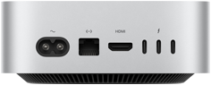 منظر خلفي لجهاز Mac mini الفضي يظهر المنافذ الخلفية: منفذ HDMI واحد، ومنفذ Ethernet واحد، وثلاثة منافذ Thunderbolt، ومنفذ الطاقة