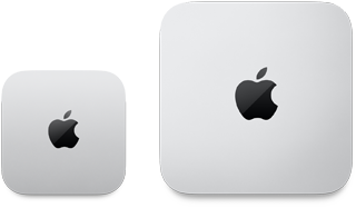 منظر علوي لجهاز Mac mini الفضي لعام 2024 مع شعار Apple بجوار جهاز Mac mini الفضي لعام 2023 مع شعار Apple لإظهار الفرق في الحجم