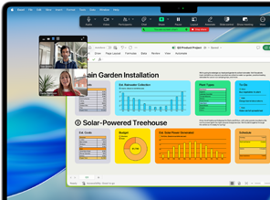 Graphs, charts, and a video call are open on a MacBook Pro to demonstrate the speed of Apple silicon when using Microsoft Excel and Zoom simultaneously