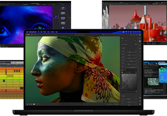 A variety of colourful screen content from music production, video editing, 3D animation and photo editing apps on Mac, demonstrating powerful graphics performance
