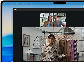 A video call on a MacBook Pro where a woman shows fabrics to two people on the call, with Centre Stage keeping her centred in the frame as she moves around