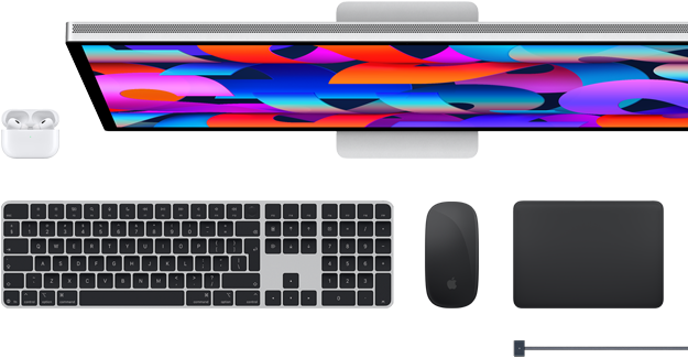 Mac accessories: Airpods, Studio Display, Magic Keyboard, Magic Mouse, Magic Trackpad, MagSafe charge cable in Space Black